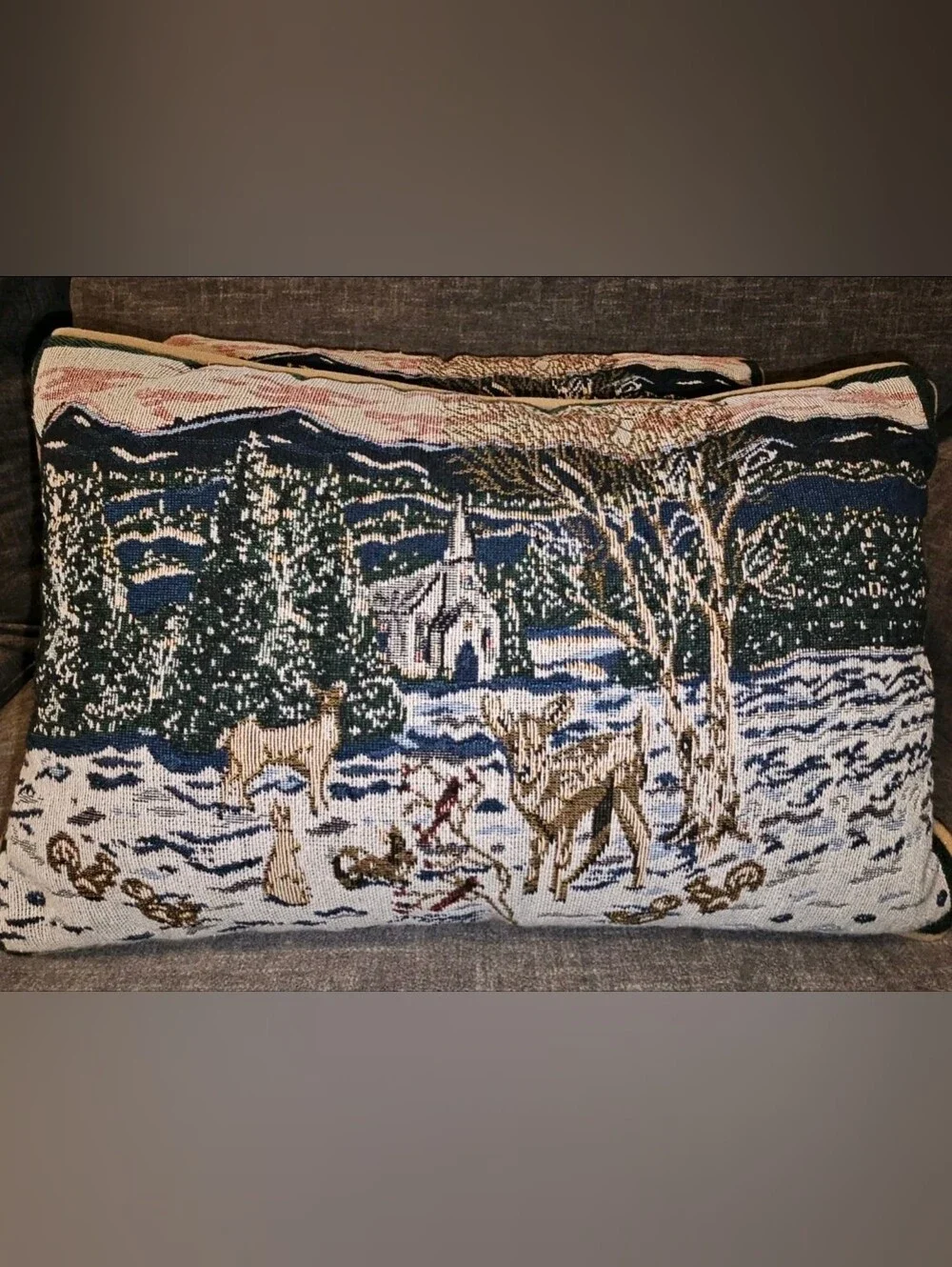 Winter Scene Tapestry Pillow Set of 2 Christmas Deer Church Cardinals Landscape